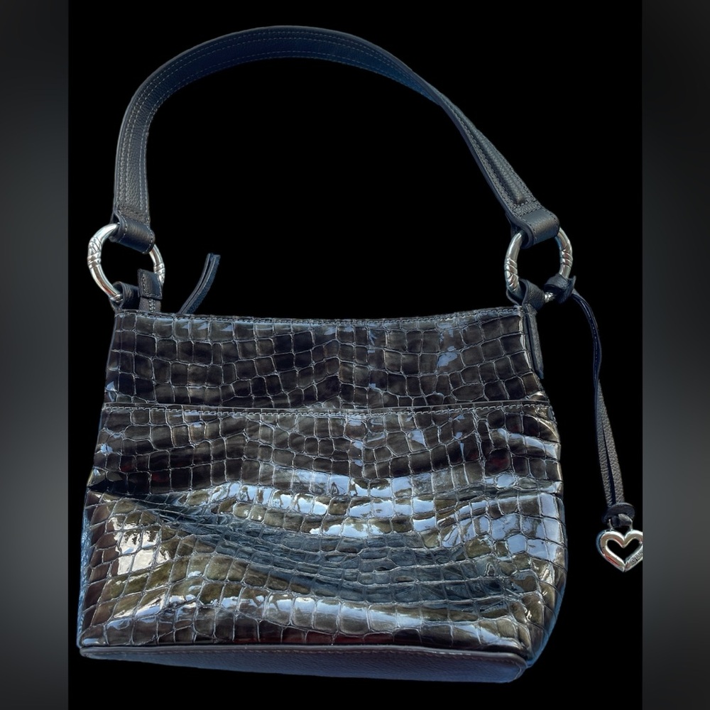 BRIGHTON Croc Embossed Brown Patent Leather Hobo Shoulder Bag - Picture 3 of 10